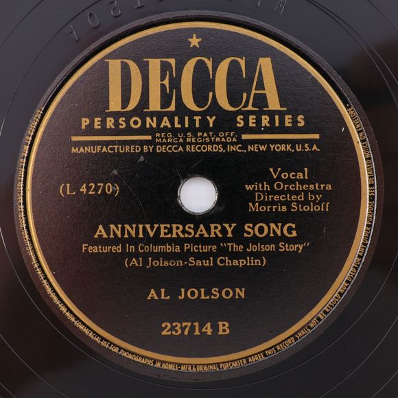 Al Jolson – Avalon / Anniversary Song - 1946 10" 78 rpm Shellac Record 23714 - Picture 3 of 16